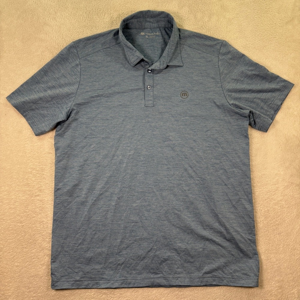 Travis Mathew Mens XL Blue Golf Polo Shirt Short Sleeve Perforated Recent Preppy